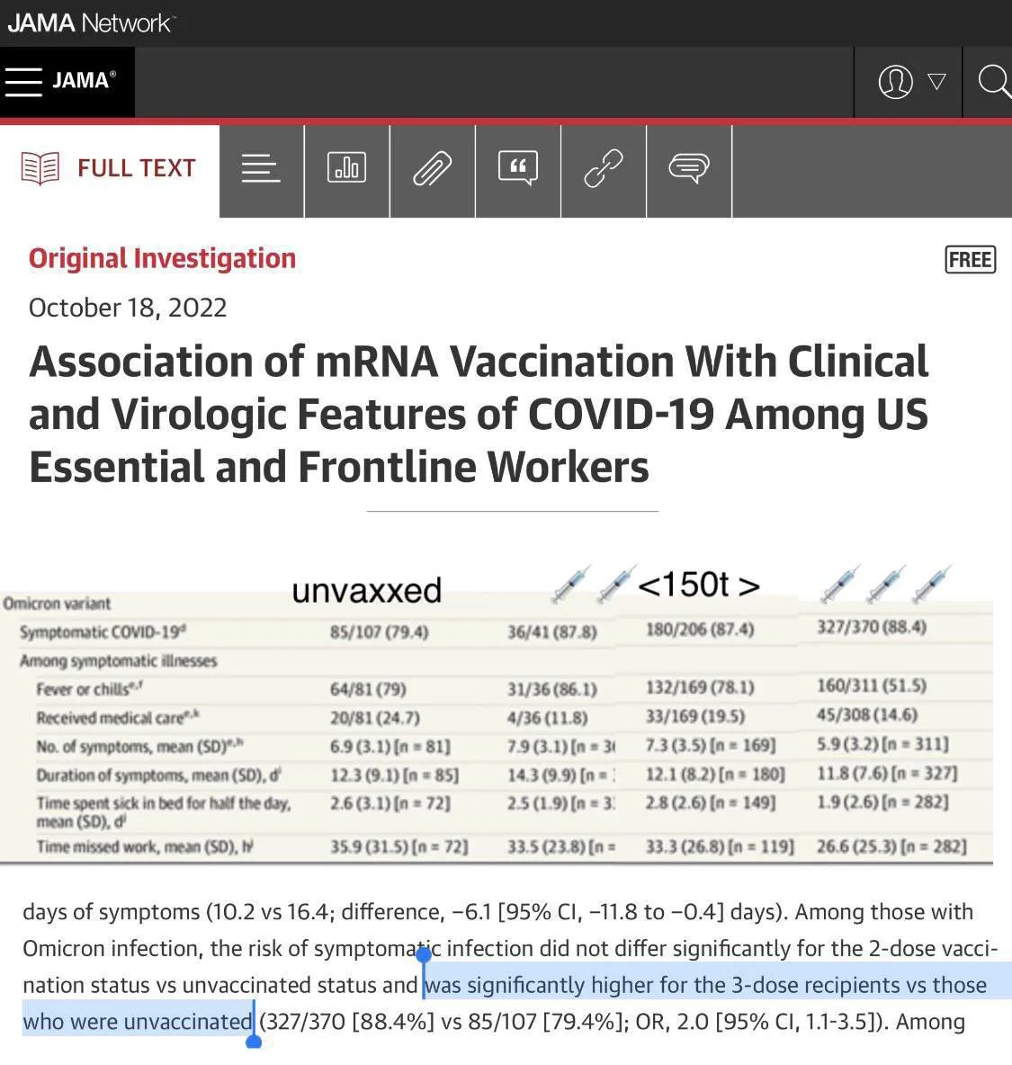 Une nouvelle étude publiée sur le Journal of the American Medical Association @JAMANetwork confirme que les personnes non vaccinées ont MOINS de symptômes quand elles contractent le Covid que celles ayant reçu deux ou trois doses. https://jamanetwork.com/journals/jama/ Le réseau HEROES-RECOVER